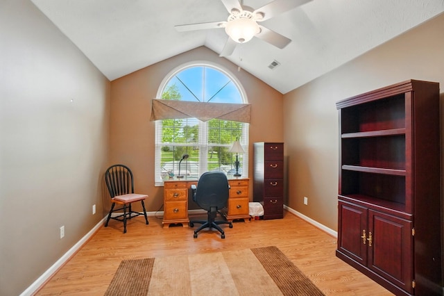 2696 Prestwick Village Cir, Springfield, OH 45503 - office with light wood-type flooring, ceiling fan, lofted ceiling, and baseboards