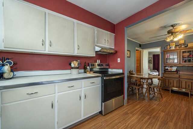 5385 Woodbine Ave, Dayton, OH 45432 - kitchen with stainless steel electric stove, under cabinet range hood, light wood-style flooring, a ceiling fan, and light countertops