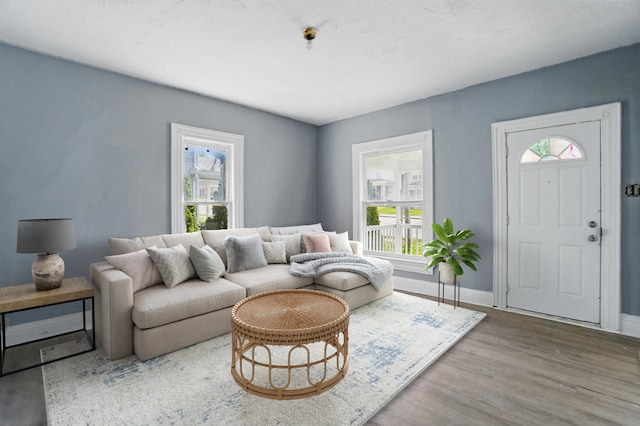 living area featuring wood finished floors and baseboards