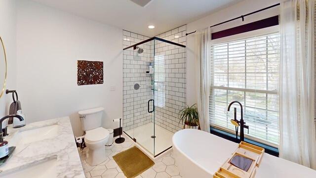 bathroom featuring a soaking tub, a shower stall, and a healthy amount of sunlight