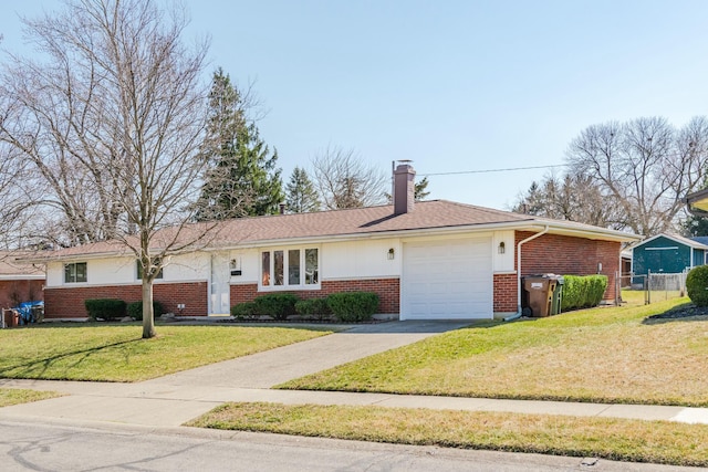 single story home with brick siding, driveway, a chimney, and a front yard