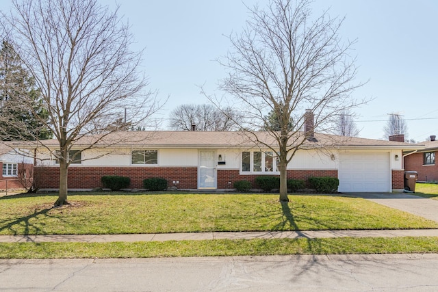 ranch-style house featuring aphalt driveway, an attached garage, brick siding, and a front lawn