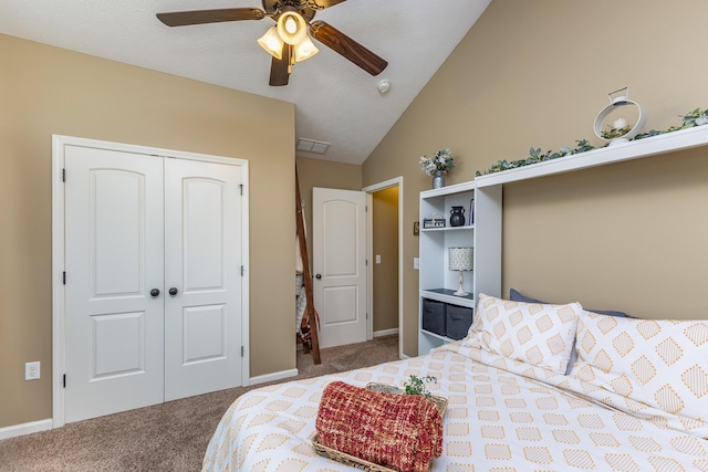 725 Loxley Ln, Troy, OH 45373 - bedroom with carpet floors, a closet, baseboards, ceiling fan, and high vaulted ceiling