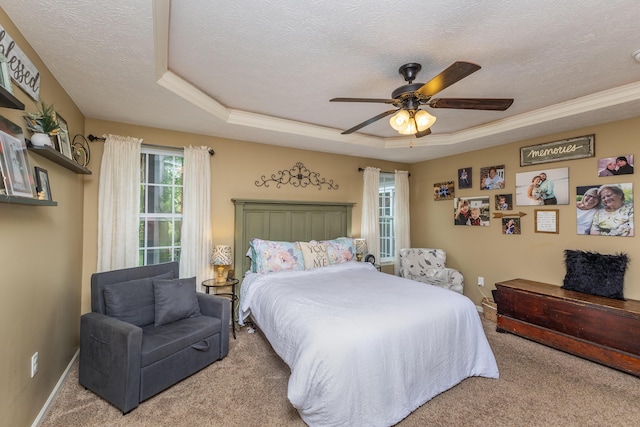 725 Loxley Ln, Troy, OH 45373 - carpeted bedroom featuring a raised ceiling, a textured ceiling, baseboards, and a ceiling fan