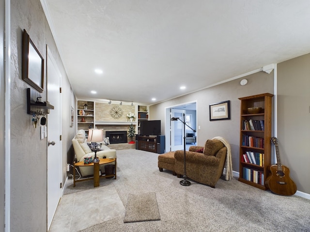 living room featuring crown molding and light carpet