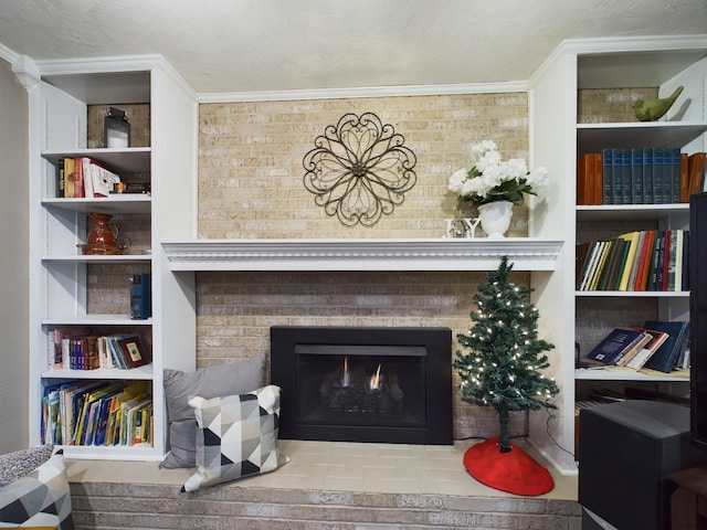 details featuring ornamental molding and a brick fireplace