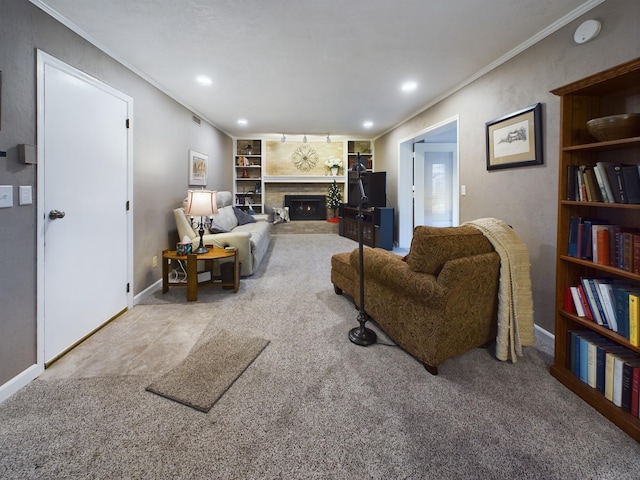 carpeted living room featuring crown molding and built in shelves