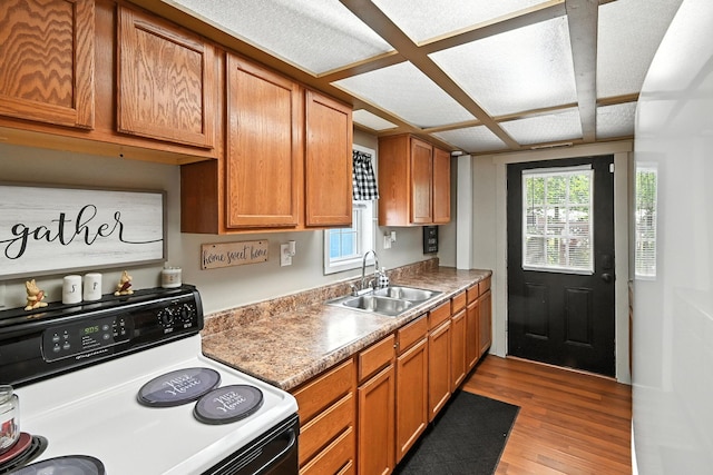 11372 Kickapoo Path, Lakeview, OH 43331 - kitchen featuring white electric range, brown cabinets, light wood finished floors, and coffered ceiling