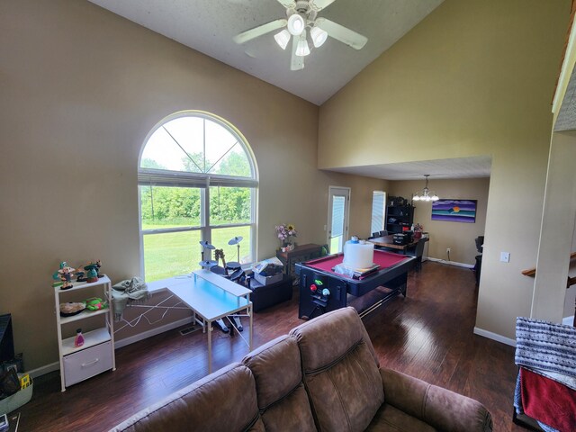 2380 W Patterson Ln, Troy, OH 45373 - recreation room featuring high vaulted ceiling, hardwood / wood-style floors, ceiling fan, and a chandelier