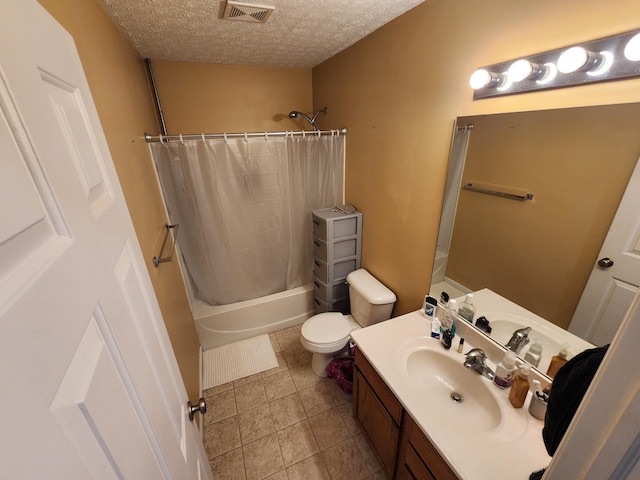 2380 W Patterson Ln, Troy, OH 45373 - bathroom with shower / bathtub combination with curtain, vanity, a textured ceiling, and tile patterned flooring
