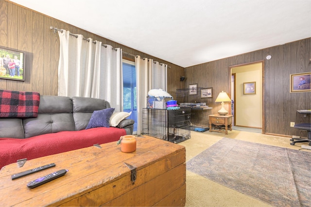 5714 Hickory Dr, West Liberty, OH 43357 - living area featuring carpet, wooden walls, and a wood stove