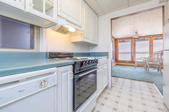 10989 Seminole Shore Dr, Huntsville, OH 43324 - kitchen with electric range oven, dishwasher, under cabinet range hood, and white cabinets