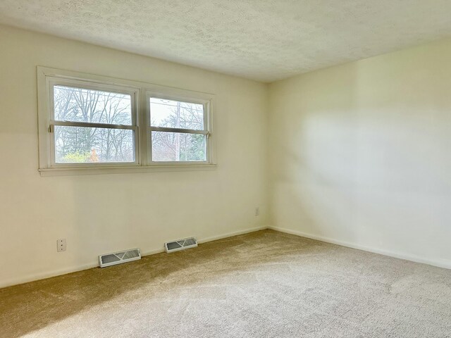 carpeted empty room with baseboards, visible vents, and a textured ceiling