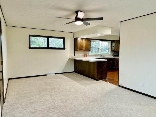 kitchen featuring light countertops, carpet, a healthy amount of sunlight, and a peninsula