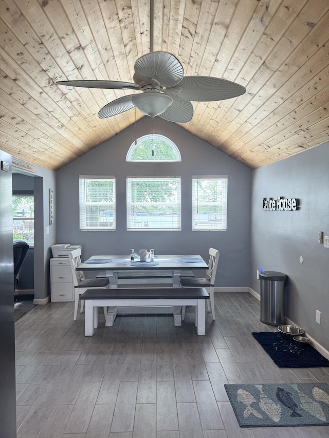 13864 Public Dr, Lakeview, OH 43331 - dining area featuring wood ceiling, vaulted ceiling, a ceiling fan, plenty of natural light, and wood finished floors