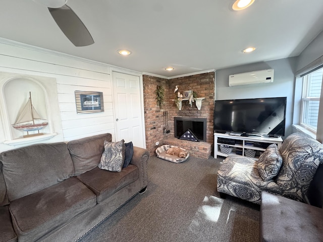 13864 Public Dr, Lakeview, OH 43331 - living room with a wall unit AC, carpet flooring, a fireplace, and recessed lighting