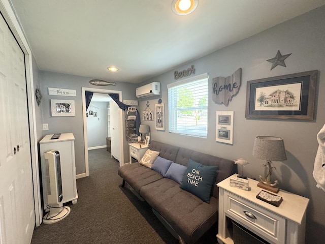 13864 Public Dr, Lakeview, OH 43331 - living area with an AC wall unit, dark colored carpet, recessed lighting, heating unit, and baseboards