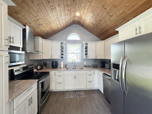 13864 Public Dr, Lakeview, OH 43331 - kitchen with stainless steel appliances, a sink, vaulted ceiling, open shelves, and wall chimney range hood