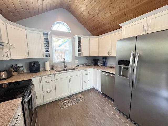 13864 Public Dr, Lakeview, OH 43331 - kitchen with appliances with stainless steel finishes, a sink, white cabinetry, wood finished floors, and wood ceiling