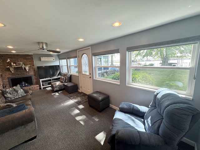 13864 Public Dr, Lakeview, OH 43331 - carpeted living area with recessed lighting, ceiling fan, a wall mounted air conditioner, a brick fireplace, and baseboards
