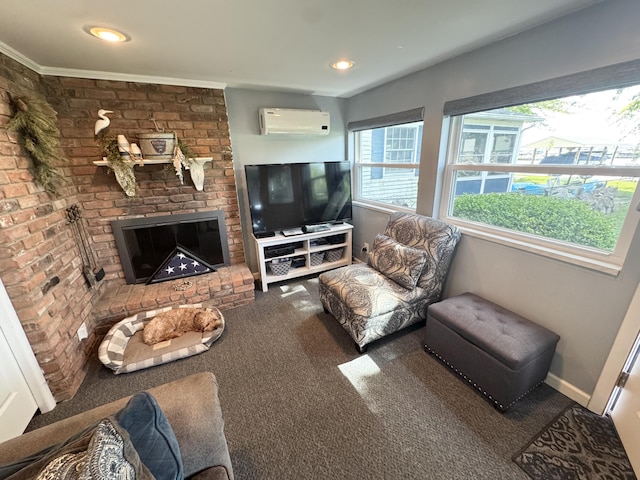 13864 Public Dr, Lakeview, OH 43331 - living area with a wall unit AC, carpet floors, a brick fireplace, and recessed lighting