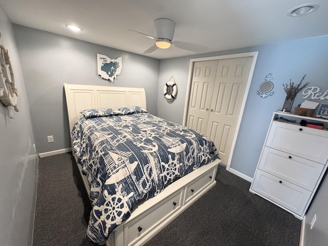 13864 Public Dr, Lakeview, OH 43331 - bedroom with dark colored carpet, baseboards, a ceiling fan, a closet, and recessed lighting