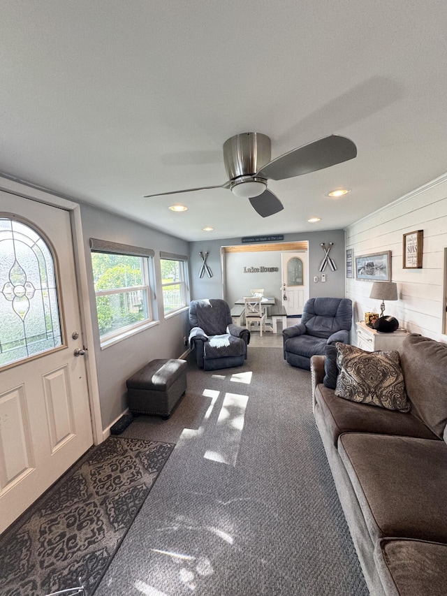 13864 Public Dr, Lakeview, OH 43331 - carpeted living room featuring ceiling fan and recessed lighting