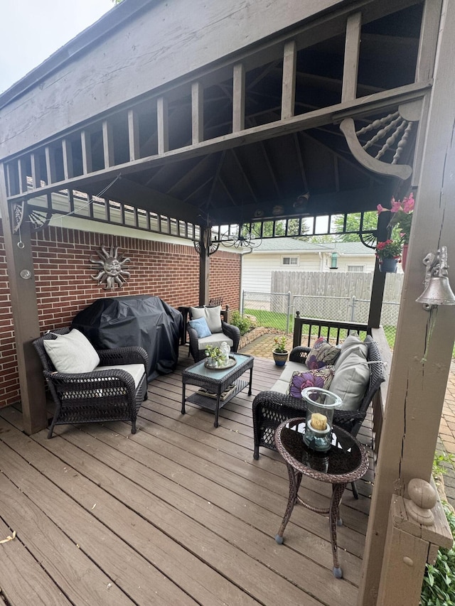 612 S Main St, Saint Marys, OH 45885 - wooden terrace featuring a gazebo, an outdoor hangout area, fence, and a grill