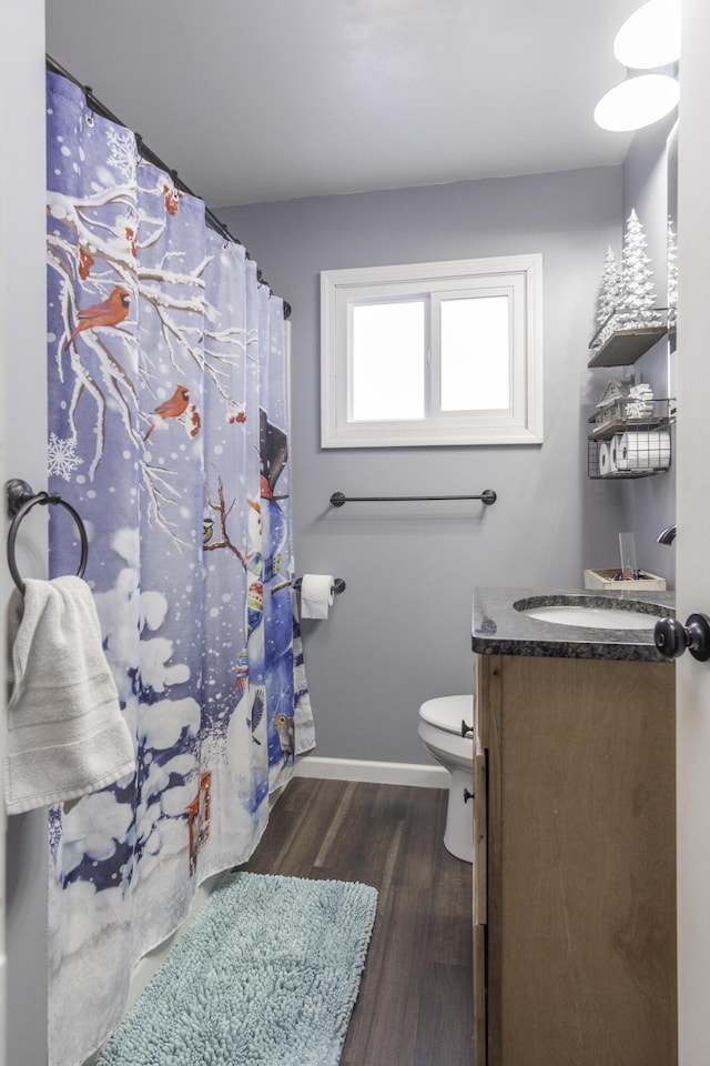 bathroom with hardwood / wood-style flooring, vanity, and toilet