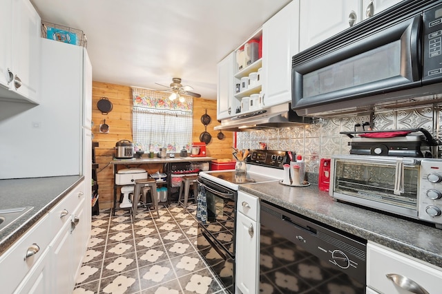 kitchen with black microwave, under cabinet range hood, wine cooler, range with electric stovetop, and white cabinetry