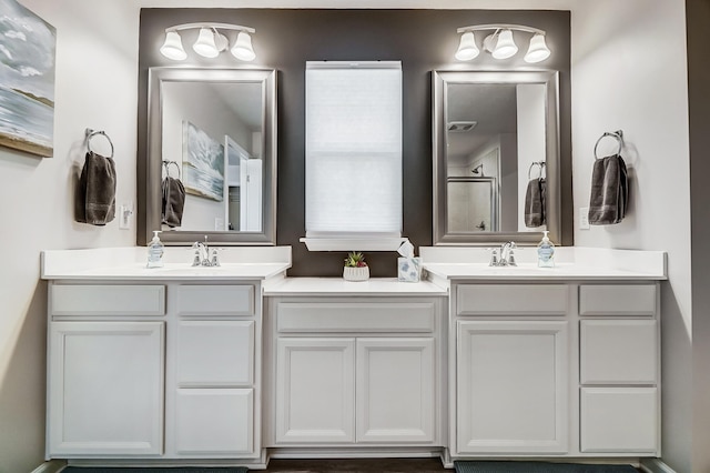 full bathroom featuring a shower with door and vanity