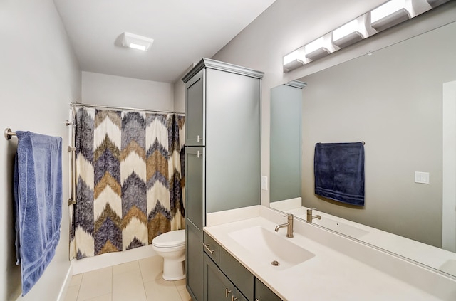 bathroom with a shower with curtain, tile patterned floors, vanity, and toilet