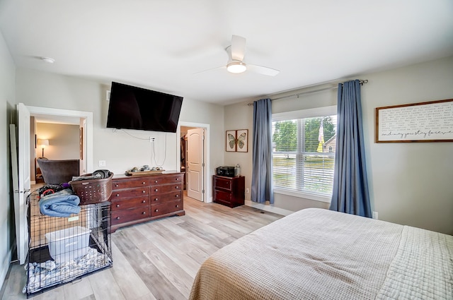 bedroom featuring ceiling fan and light hardwood / wood-style floors