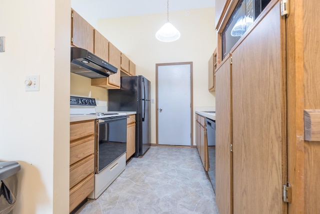 1534 Cross Pointe Cir, Bellefontaine, OH 43311 - kitchen featuring extractor fan, electric range, light countertops, and freestanding refrigerator
