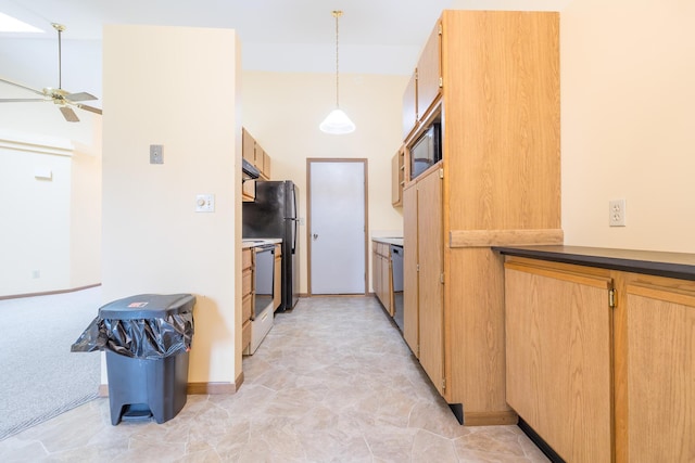 1534 Cross Pointe Cir, Bellefontaine, OH 43311 - kitchen with a ceiling fan, a high ceiling, stove, dishwasher, and built in microwave