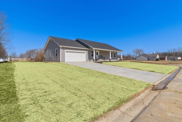 ranch-style home with central air condition unit, a front yard, covered porch, driveway, and an attached garage