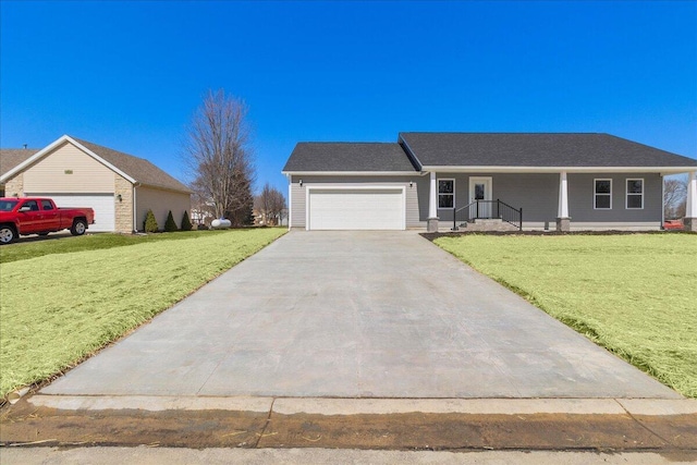 ranch-style house with covered porch, an attached garage, concrete driveway, and a front yard