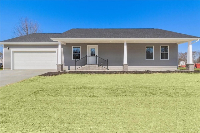 ranch-style home featuring an attached garage, driveway, a front lawn, and roof with shingles