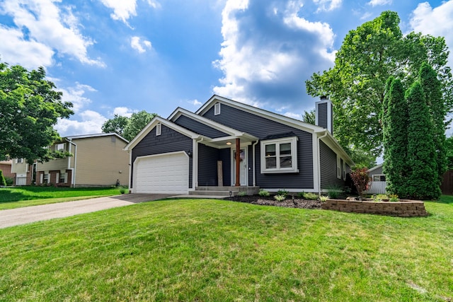 5175 Locust Post Ln, Columbus, OH 43230 - ranch-style house with a chimney, concrete driveway, an attached garage, and a front yard