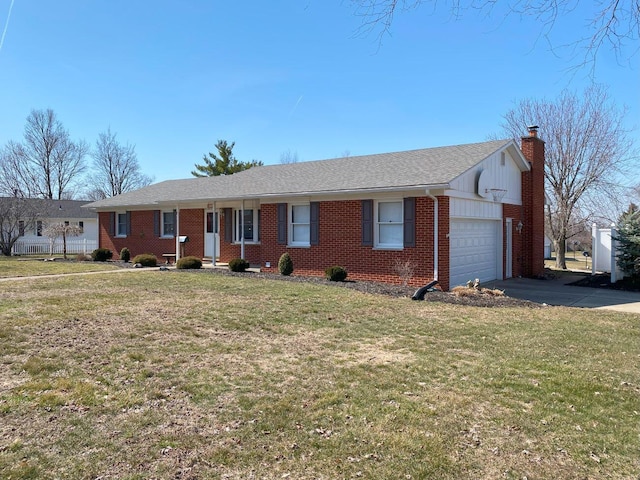 ranch-style home featuring driveway, a front yard, a garage, brick siding, and a chimney