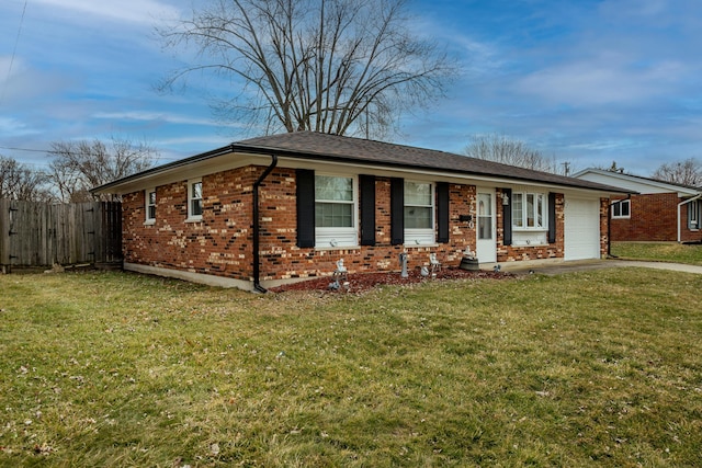 single story home with a garage, brick siding, aphalt driveway, fence, and a front yard