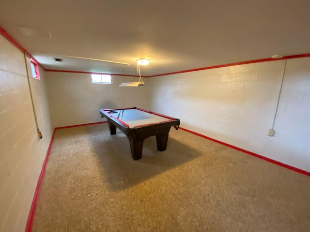 recreation room featuring carpet floors, crown molding, billiards, and concrete block wall