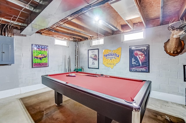 game room with concrete floors, billiards, and electric panel