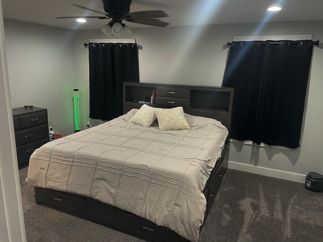 bedroom with ceiling fan, recessed lighting, carpet flooring, and baseboards