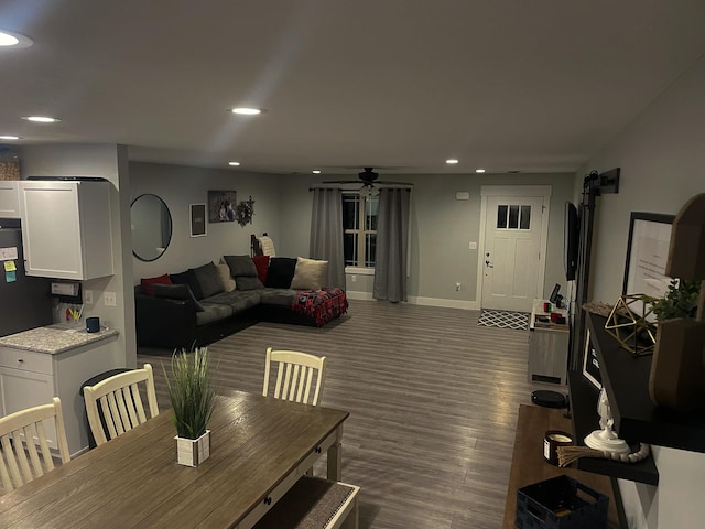 dining area with ceiling fan, baseboards, dark wood-style flooring, and recessed lighting