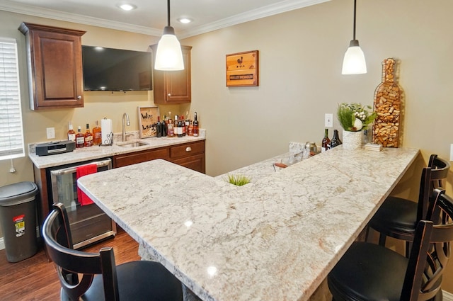 bar featuring dark wood finished floors, indoor wet bar, ornamental molding, a sink, and beverage cooler