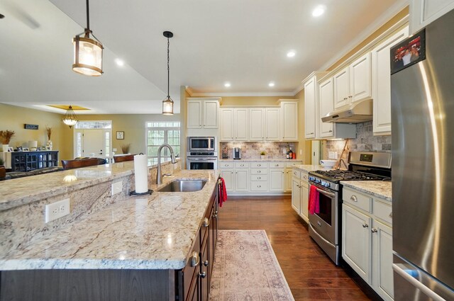 kitchen featuring hanging light fixtures, a sink, under cabinet range hood, stainless steel appliances, and dark wood-type flooring