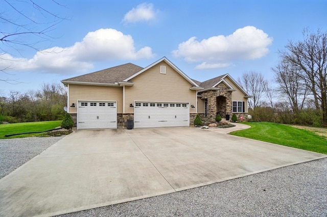 view of front facade featuring stone siding, a garage, a front lawn, driveway, and roof with shingles