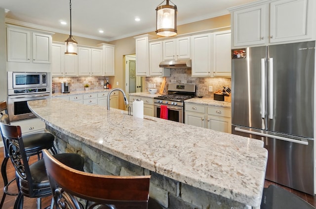 kitchen with decorative light fixtures, appliances with stainless steel finishes, a kitchen breakfast bar, and under cabinet range hood