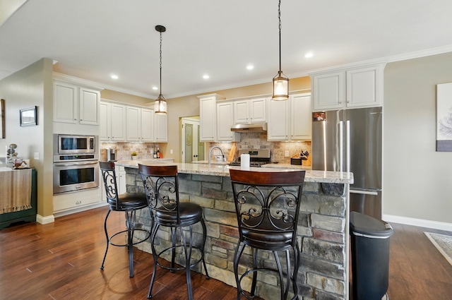 kitchen with dark wood-type flooring, decorative backsplash, and stainless steel appliances